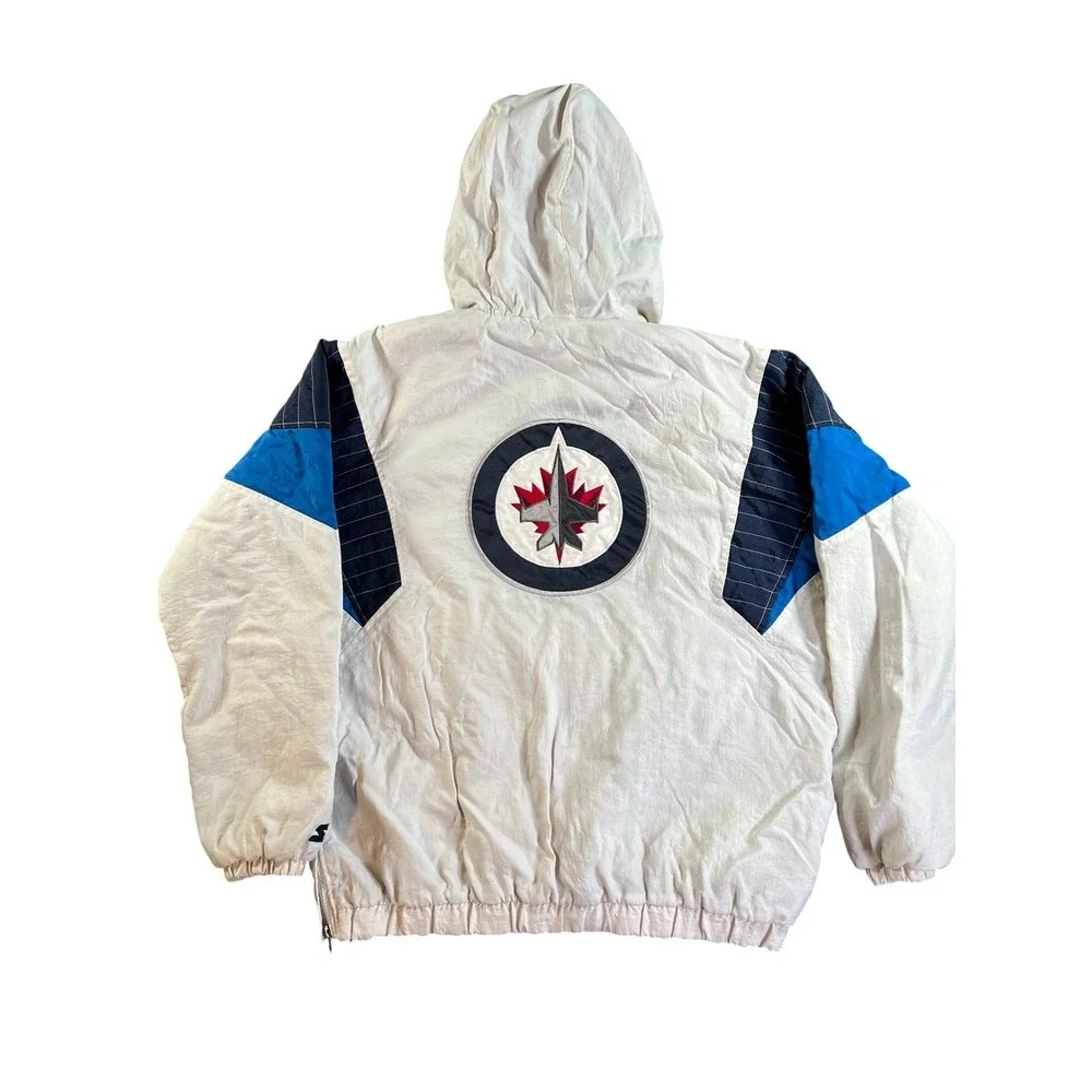 Vintage Starter Winnipeg Jets Jacket Mens Large White Blue 90s NHL Pullover Logo